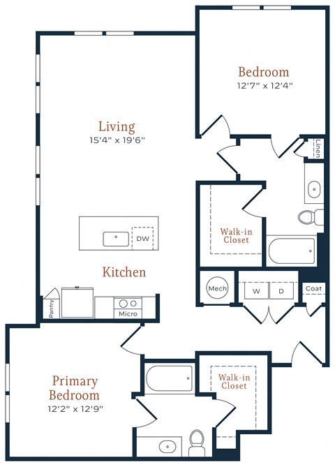 Floor plan for 2 beds, 2 baths, 1220 sqft